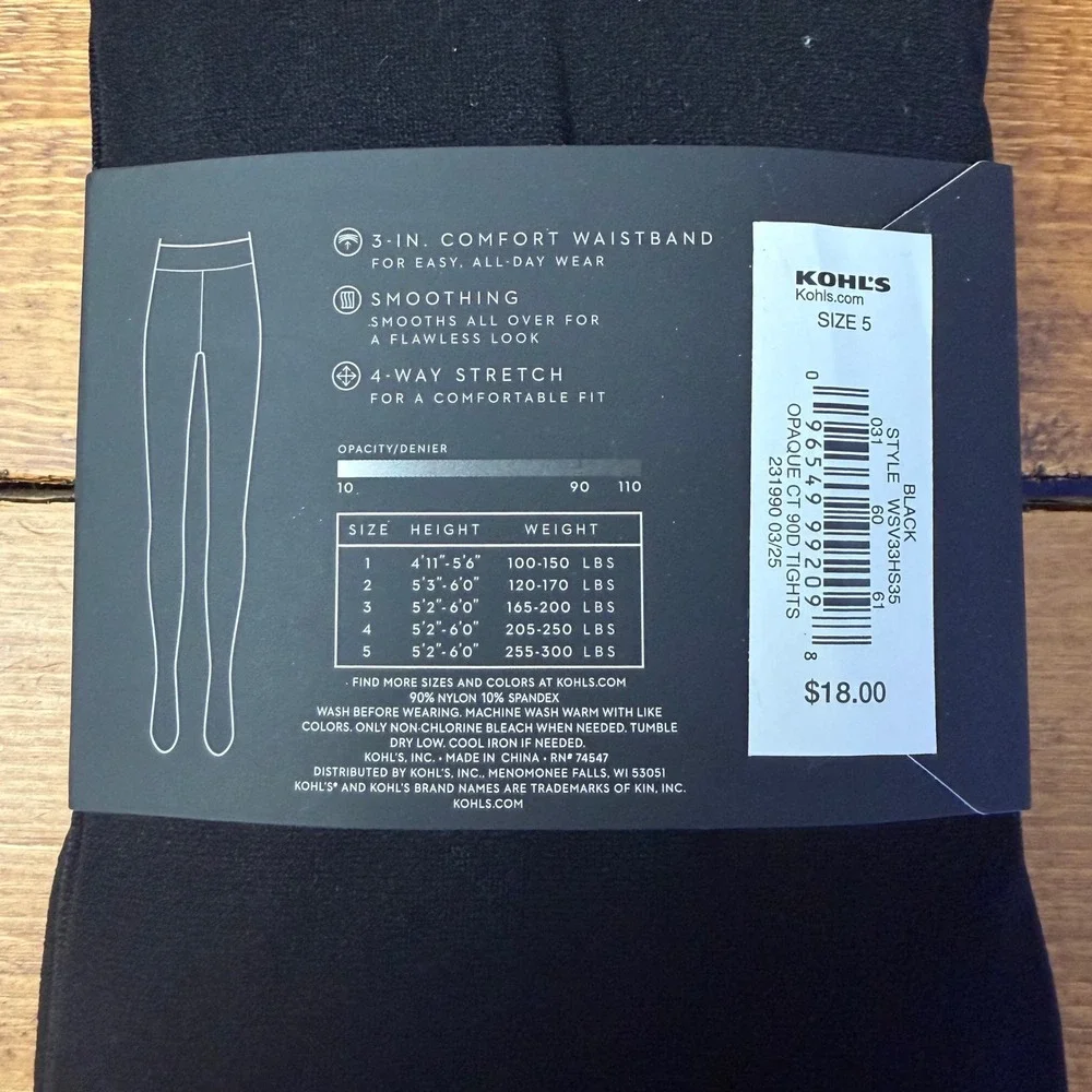 Simply Vera Vera Wang Tights Women Size 5 Black Essential Opaque Control Top NEW